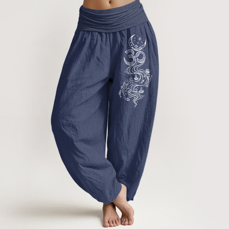 Buddha Stones Pantaloni harem da donna in puro cotone con motivo Om della Luna Sacra e elastico in vita. - Blu ardesia scuro - US16, UK/AU20, EU48 (3XL) - image 8