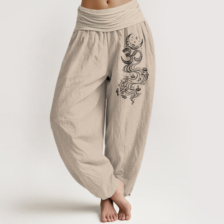 Buddha Stones Pantaloni harem da donna in puro cotone con motivo Om della Luna Sacra e elastico in vita. - Tan - US16, UK/AU20, EU48 (3XL) - image 11