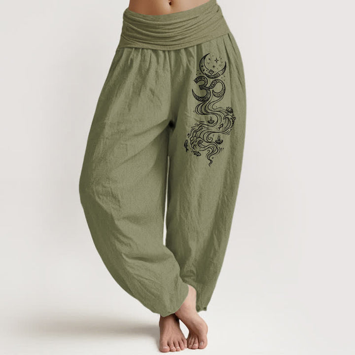 Buddha Stones Pantaloni harem da donna in puro cotone con motivo Om della Luna Sacra e elastico in vita. - Verde oliva - US16, UK/AU20, EU48 (3XL) - image 14
