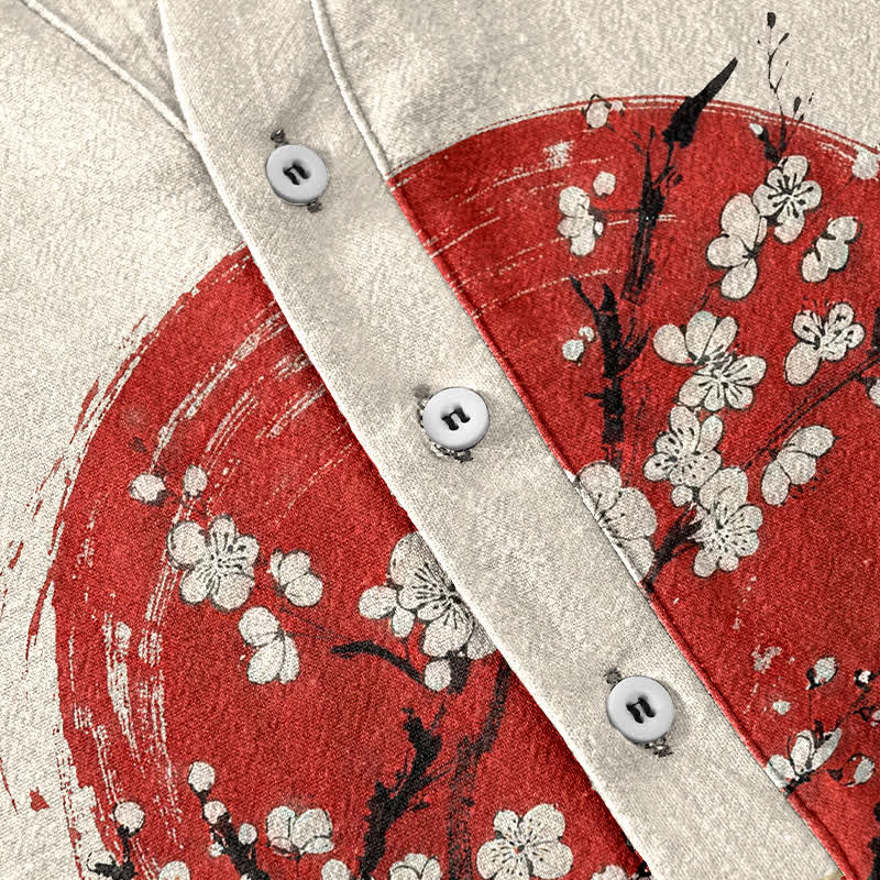 Buddha Stones Camicia da uomo a maniche corte con mezza abbottonatura, stampa a fiori di pruno e sole, in cotone e inchiostro. - image 3