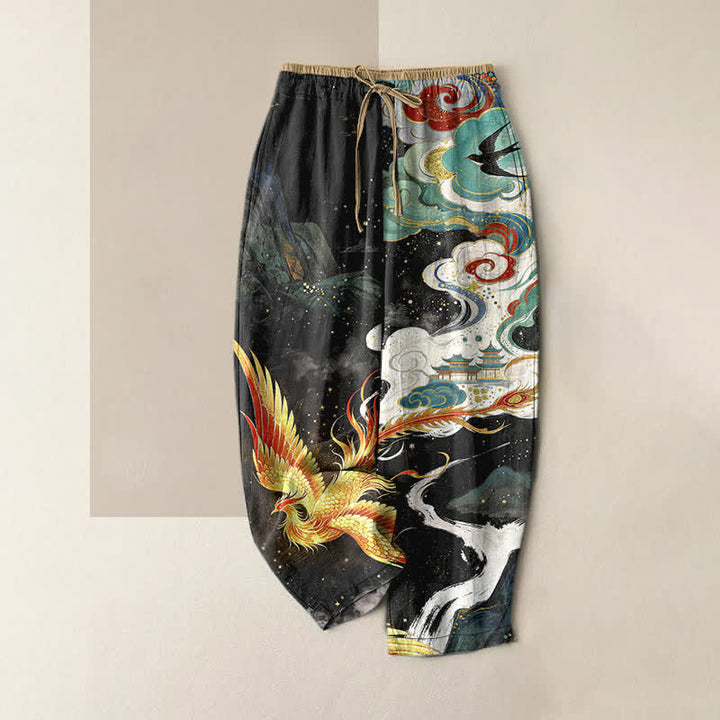Buddha Stones Eleganti pantaloni da donna in puro cotone con elastico in vita e tasche, fantasia fenice e nuvole. - Nero - US16, UK/AU20, EU48 (3XL) - image 0