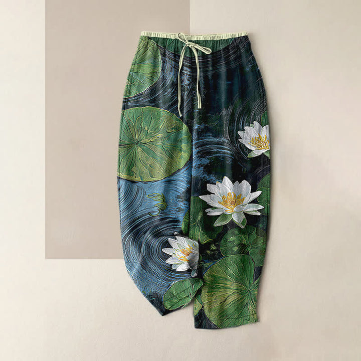 Buddha Stones Pantaloni da donna in puro cotone con elastico in vita e tasche, fantasia "Lotus Pond". - Blu - US16, UK/AU20, EU48 (3XL) - image 0
