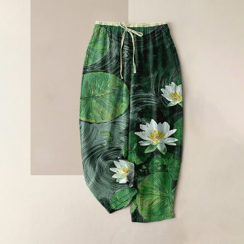 Buddha Stones Pantaloni da donna in puro cotone con elastico in vita e tasche, fantasia "Lotus Pond". - Verde scuro - US16, UK/AU20, EU48 (3XL) - image 5