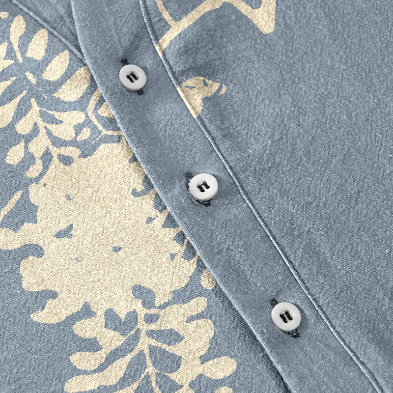 Buddha Stones Camicia da uomo a maniche corte con mezza abbottonatura e motivo floreale con pesci koi e viticci in cotone. - image 3
