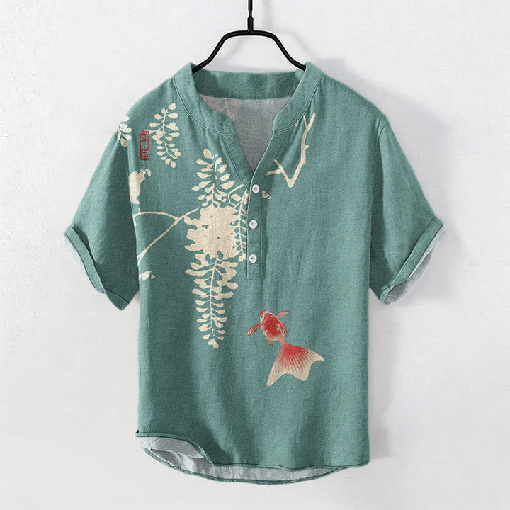 Buddha Stones Camicia da uomo a maniche corte con mezza abbottonatura e motivo floreale con pesci koi e viticci in cotone. - Acquamarina media - US/UK/AU50, EU60 (5XL) - image 5