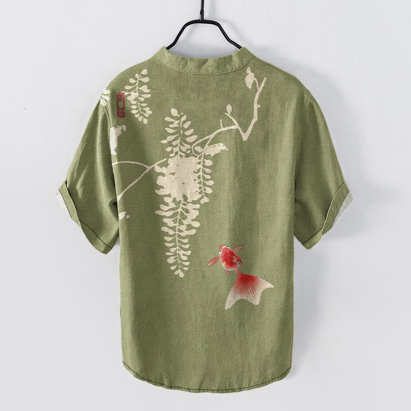 Buddha Stones Camicia da uomo a maniche corte con mezza abbottonatura e motivo floreale con pesci koi e viticci in cotone. - image 8