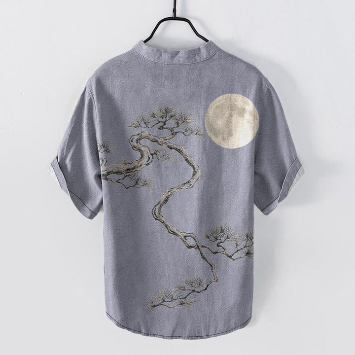 Buddha Stones Camicia da uomo a maniche corte con mezza abbottonatura, stampata su carta di cotone con motivo "Moon Pine". - image 1