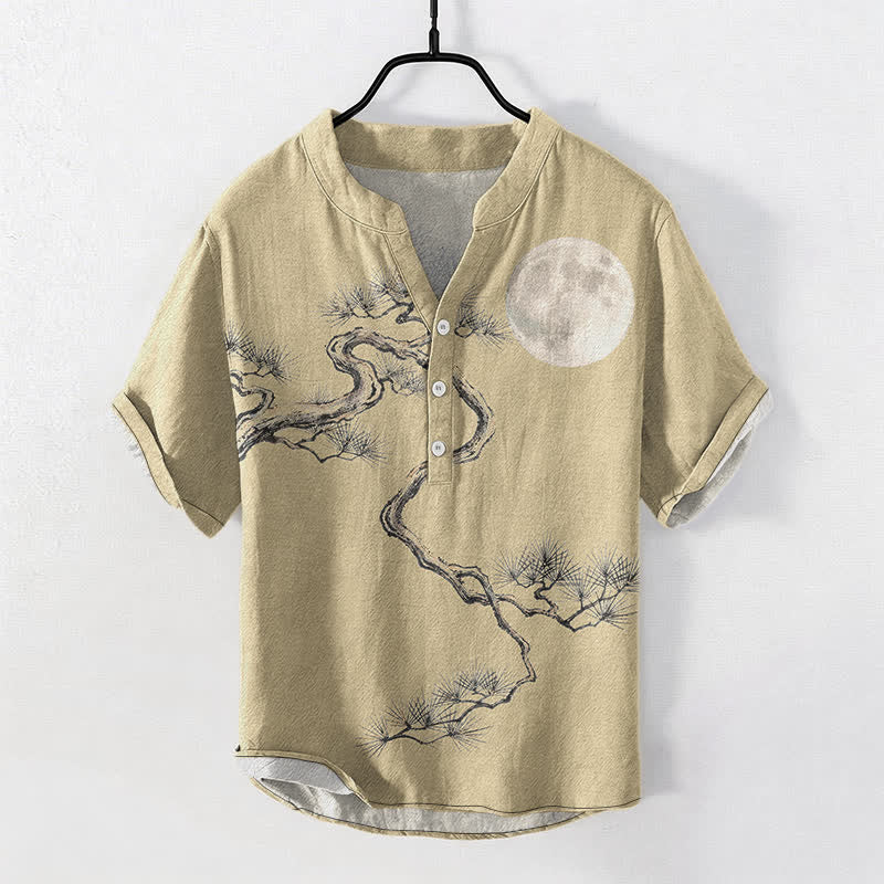 Buddha Stones Camicia da uomo a maniche corte con mezza abbottonatura, stampata su carta di cotone con motivo "Moon Pine". - Cachi - US/UK/AU50, EU60 (5XL) - image 5