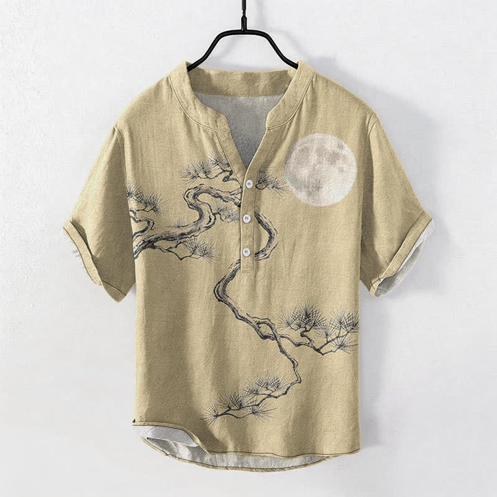 Buddha Stones Camicia da uomo a maniche corte con mezza abbottonatura, stampata su carta di cotone con motivo "Moon Pine". - Cachi - US/UK/AU50, EU60 (5XL) - image 5