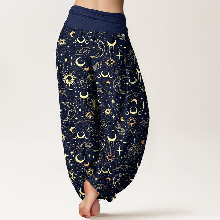 Buddha Stones Pantaloni harem da donna in cotone con motivo luna, sole e stelle, con elastico in vita. - image 2