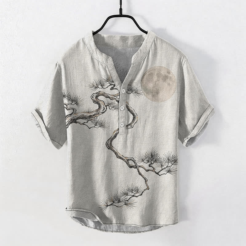 Buddha Stones Camicia da uomo a maniche corte con mezza abbottonatura, stampata su carta di cotone con motivo "Moon Pine". - Avorio - US/UK/AU50, EU60 (5XL) - image 7