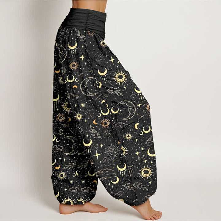 Buddha Stones Pantaloni harem da donna in cotone con motivo luna, sole e stelle, con elastico in vita. - image 6