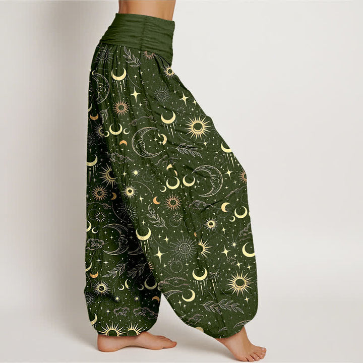 Buddha Stones Pantaloni harem da donna in cotone con motivo luna, sole e stelle, con elastico in vita. - image 9