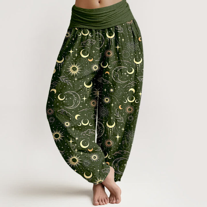 Buddha Stones Pantaloni harem da donna in cotone con motivo luna, sole e stelle, con elastico in vita. - Verde oliva scuro - US16, UK/AU20, EU48 (3XL) - image 8