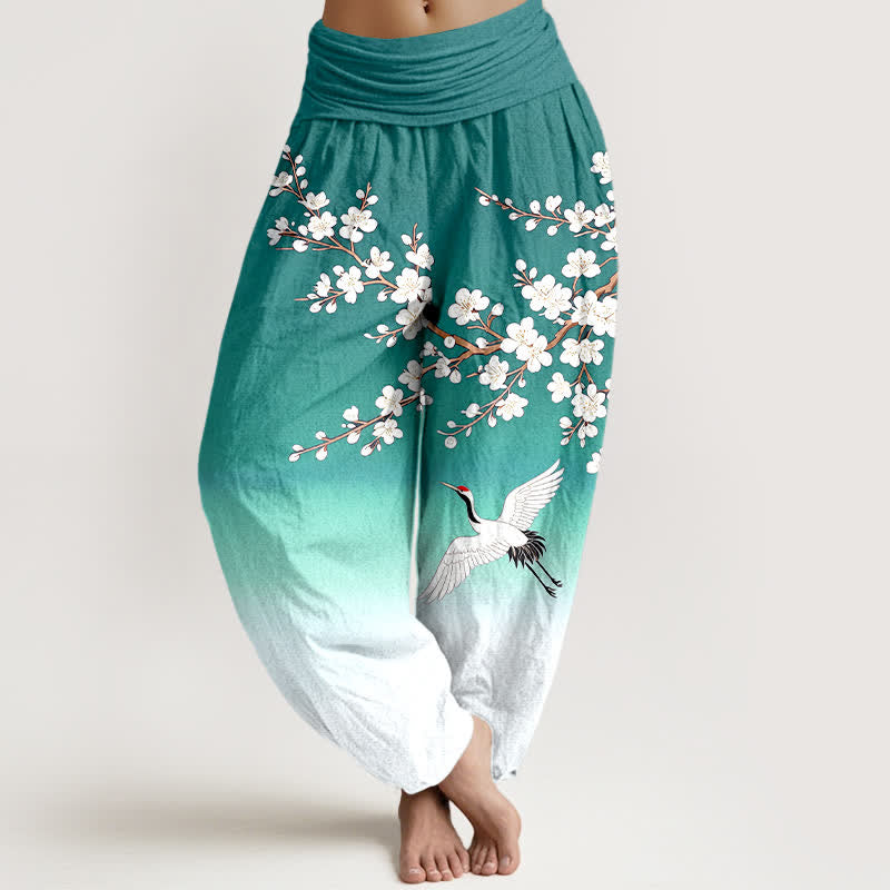 Buddha Stones Pantaloni harem da donna in cotone bianco con motivo a fiori di pruno e stampa gru, con elastico in vita. - Verde Mare Chiaro - US16, UK/AU20, EU48 (3XL) - image 5