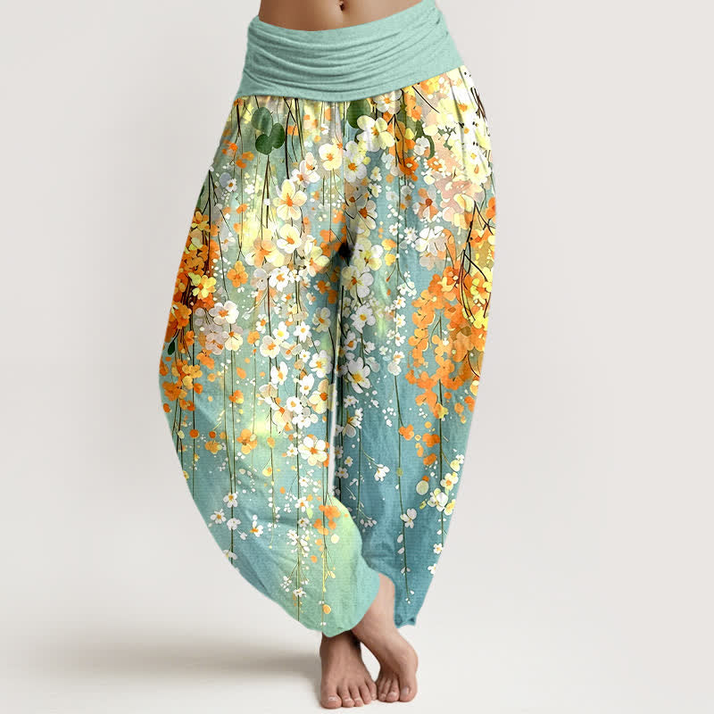 Buddha Stones Pantaloni harem da donna in cotone con motivo a cascata di fiori selvatici e vita elasticizzata. - Turchese - US16, UK/AU20, EU48 (3XL) - image 0