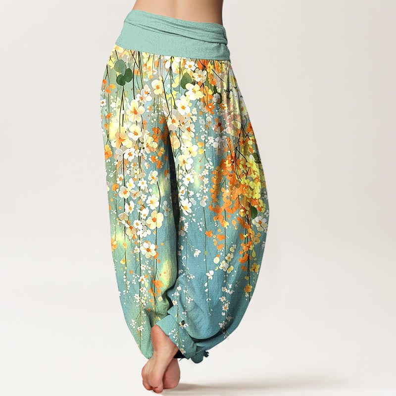 Buddha Stones Pantaloni harem da donna in cotone con motivo a cascata di fiori selvatici e vita elasticizzata. - image 2