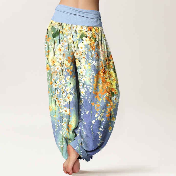 Buddha Stones Pantaloni harem da donna in cotone con motivo a cascata di fiori selvatici e vita elasticizzata. - image 7