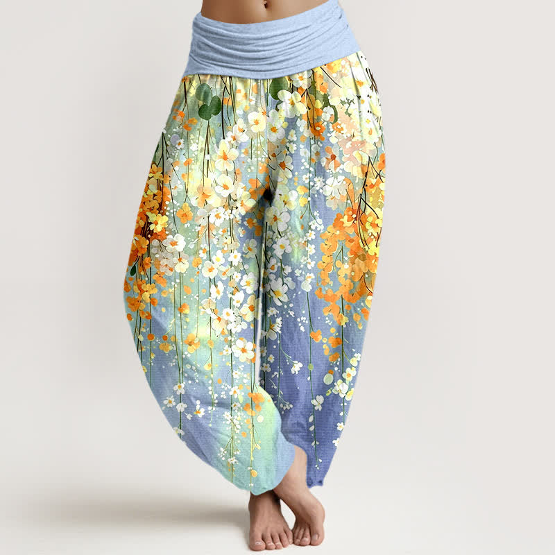 Buddha Stones Pantaloni harem da donna in cotone con motivo a cascata di fiori selvatici e vita elasticizzata. - Azzurro cielo chiaro - US16, UK/AU20, EU48 (3XL) - image 5