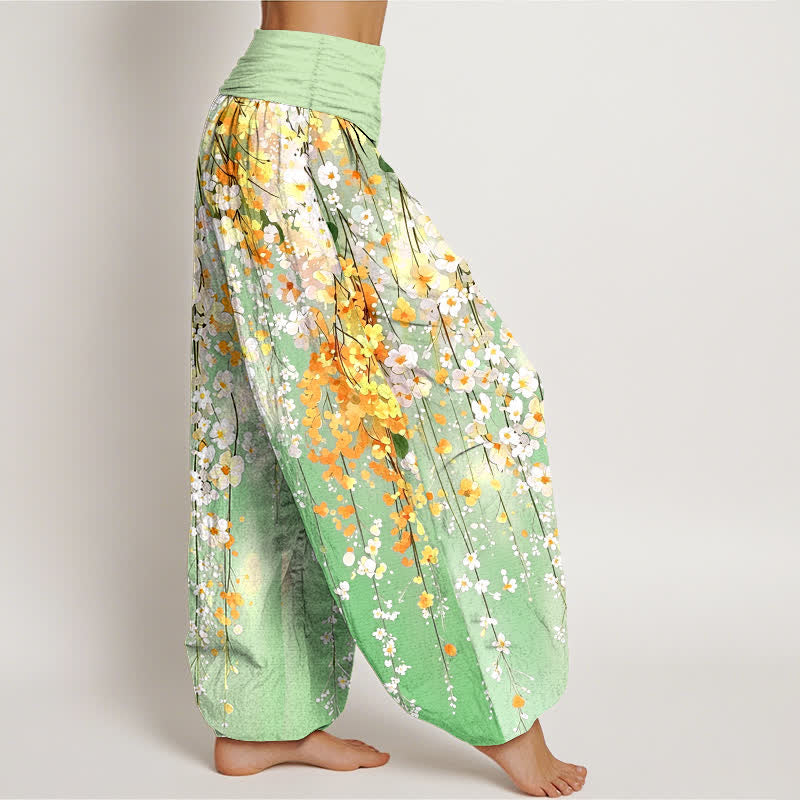 Buddha Stones Pantaloni harem da donna in cotone con motivo a cascata di fiori selvatici e vita elasticizzata. - image 9