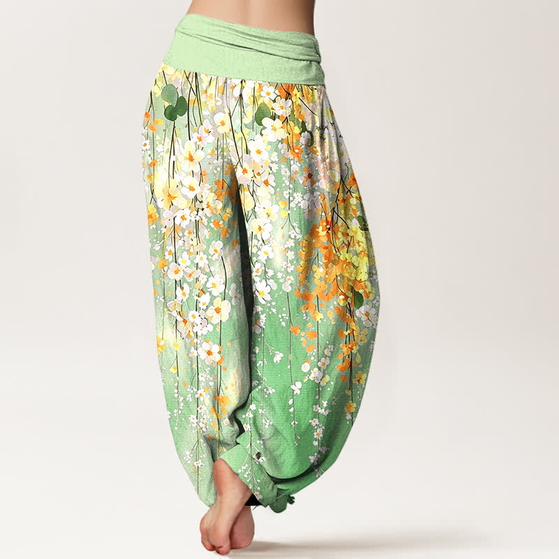 Buddha Stones Pantaloni harem da donna in cotone con motivo a cascata di fiori selvatici e vita elasticizzata. - image 10