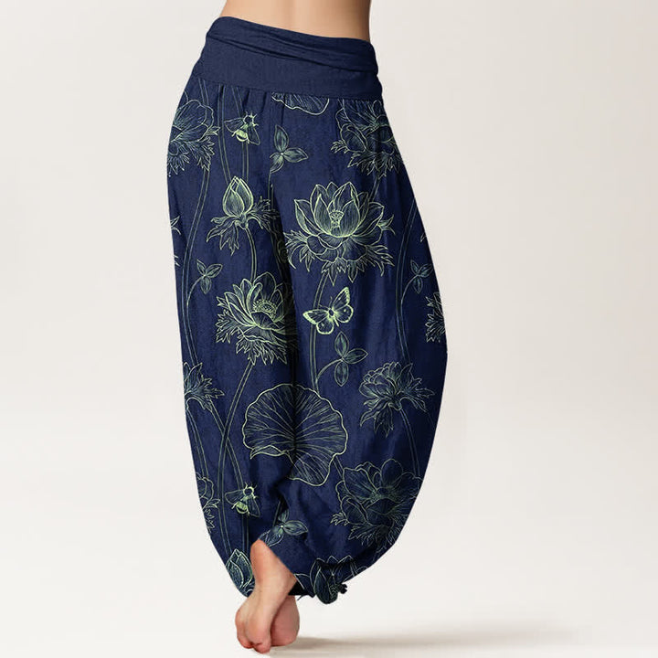 Buddha Stones Pantaloni harem da donna in cotone con motivo a farfalla e loto, con elastico in vita. - image 2
