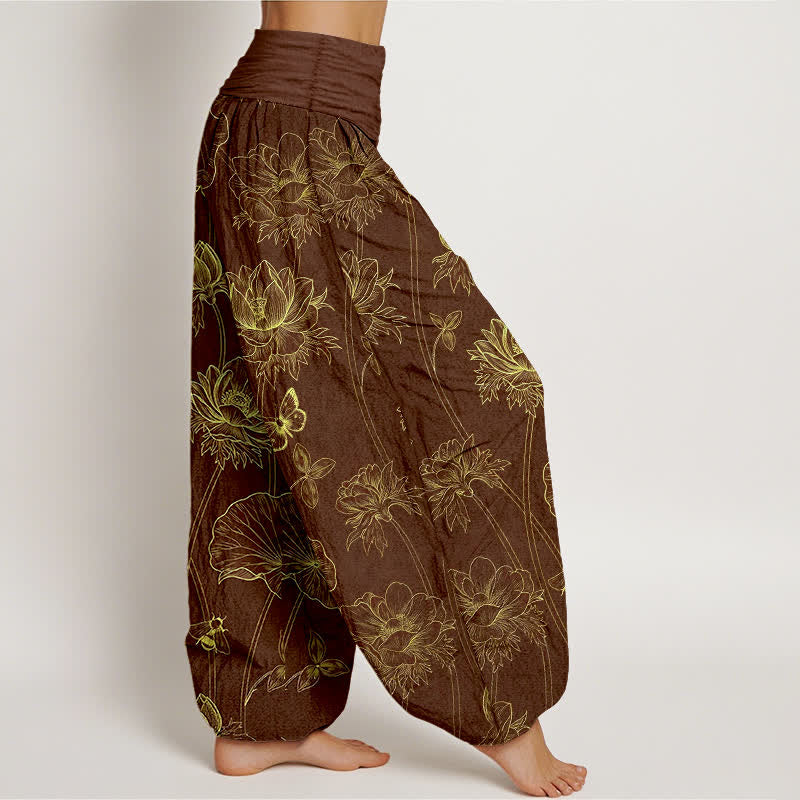 Buddha Stones Pantaloni harem da donna in cotone con motivo a farfalla e loto, con elastico in vita. - image 6