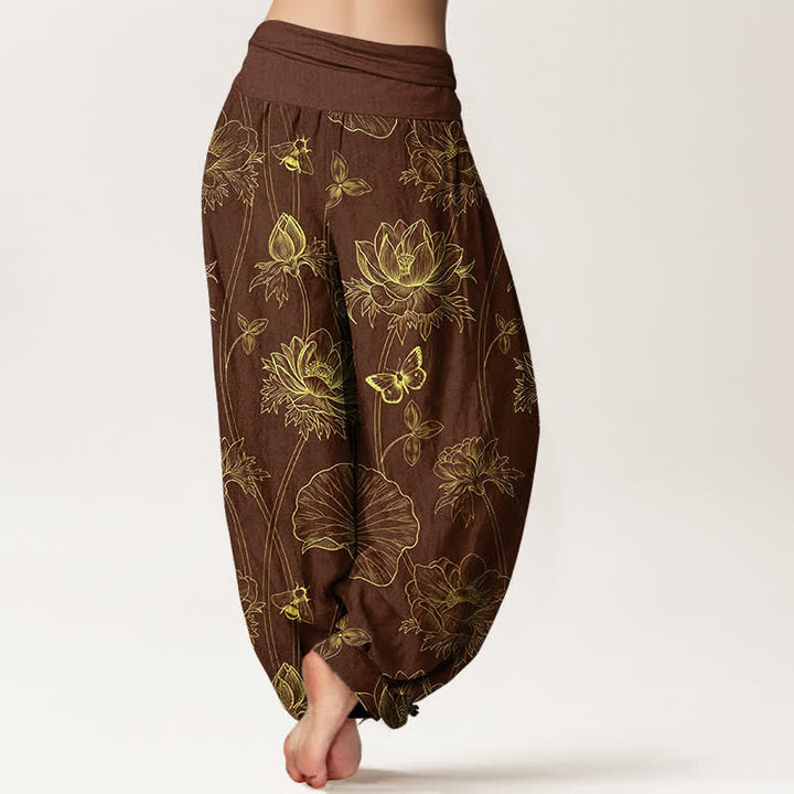 Buddha Stones Pantaloni harem da donna in cotone con motivo a farfalla e loto, con elastico in vita. - image 7