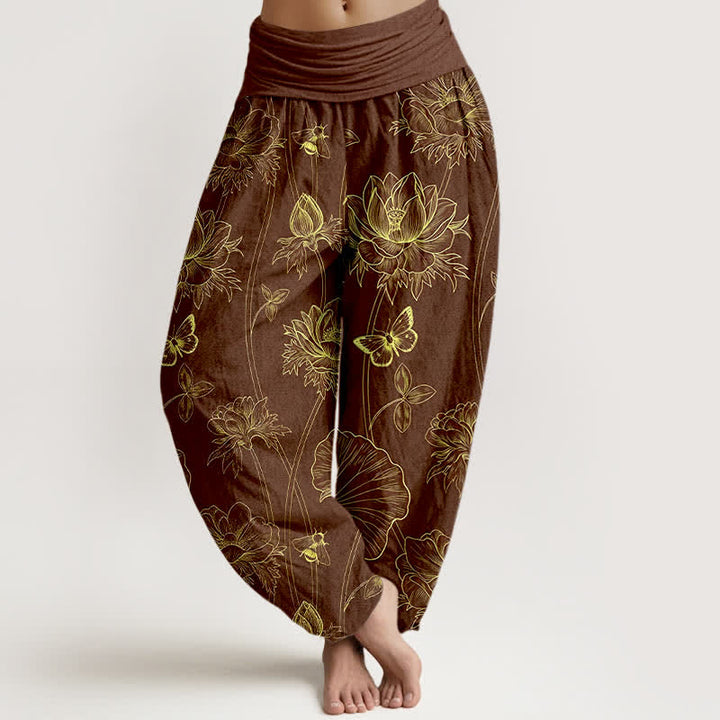 Buddha Stones Pantaloni harem da donna in cotone con motivo a farfalla e loto, con elastico in vita. - Marrone sella - US16, UK/AU20, EU48 (3XL) - image 5