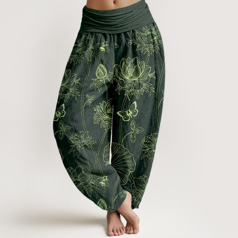 Buddha Stones Pantaloni harem da donna in cotone con motivo a farfalla e loto, con elastico in vita. - Verde scuro - US16, UK/AU20, EU48 (3XL) - image 8