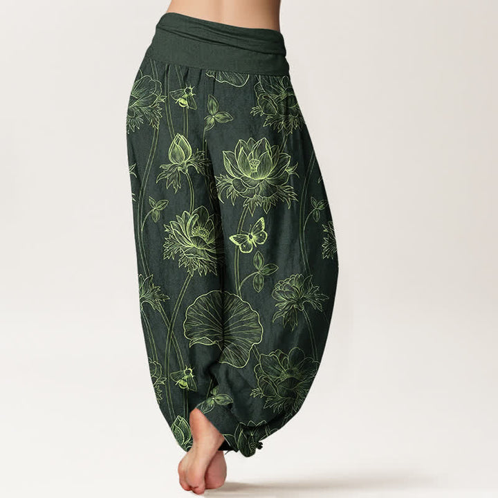 Buddha Stones Pantaloni harem da donna in cotone con motivo a farfalla e loto, con elastico in vita. - image 9