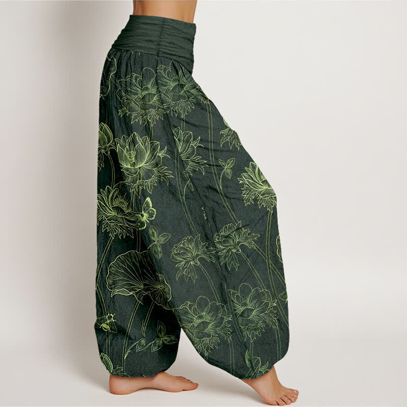 Buddha Stones Pantaloni harem da donna in cotone con motivo a farfalla e loto, con elastico in vita. - image 10