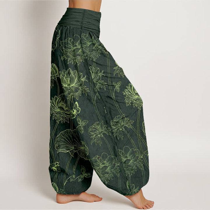 Buddha Stones Pantaloni harem da donna in cotone con motivo a farfalla e loto, con elastico in vita. - image 10