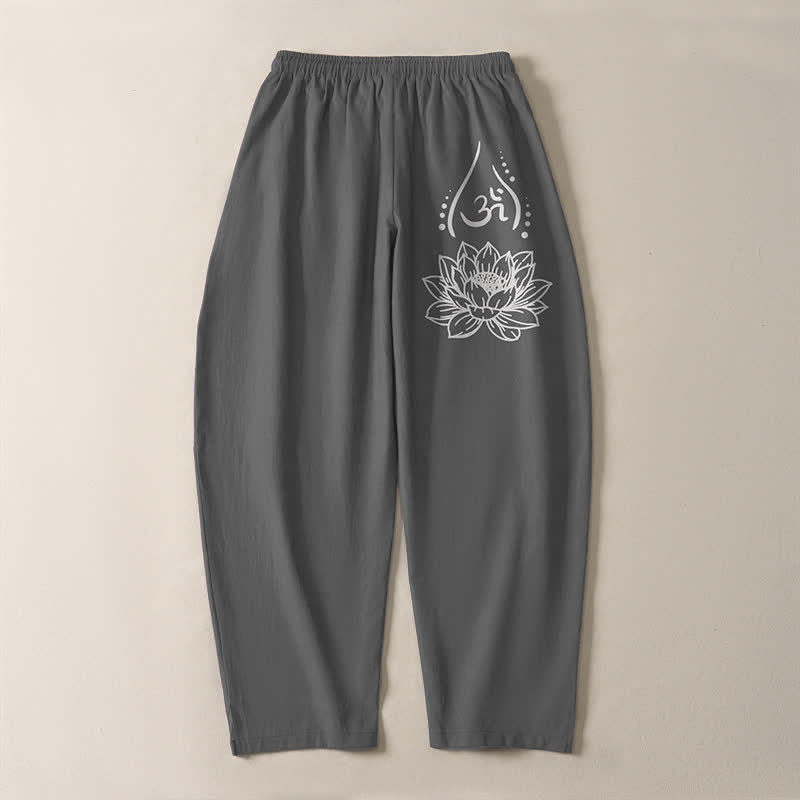 Buddha Stones Pantaloni da uomo affusolati con coulisse e tasche, in puro cotone, con motivo a loto sacro Om e stampa Om. - image 10