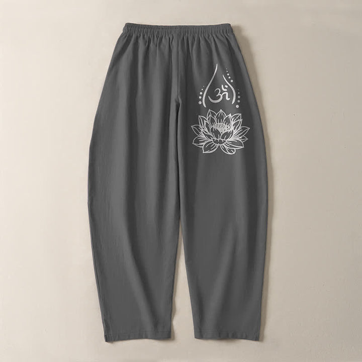 Buddha Stones Pantaloni da uomo affusolati con coulisse e tasche, in puro cotone, con motivo a loto sacro Om e stampa Om. - image 10