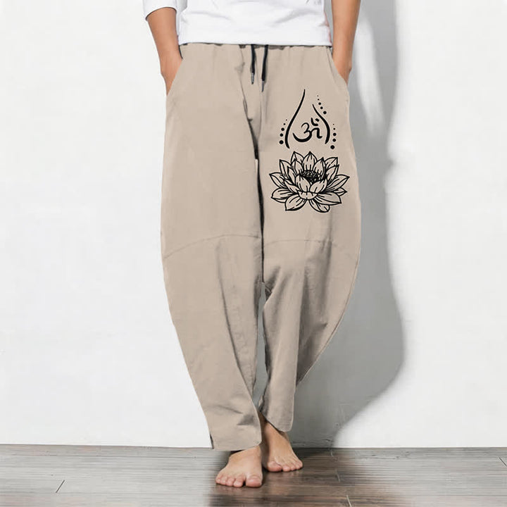 Buddha Stones Pantaloni da uomo affusolati con coulisse e tasche, in puro cotone, con motivo a loto sacro Om e stampa Om. - Beige - US/UK/AU50, EU60 (5XL) - image 11