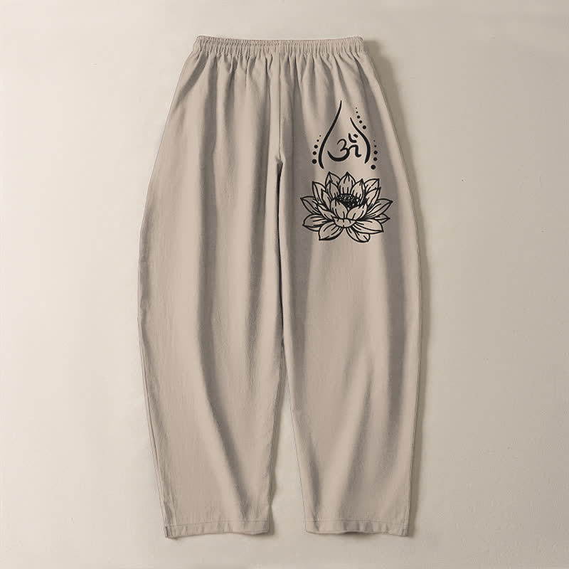 Buddha Stones Pantaloni da uomo affusolati con coulisse e tasche, in puro cotone, con motivo a loto sacro Om e stampa Om. - image 14