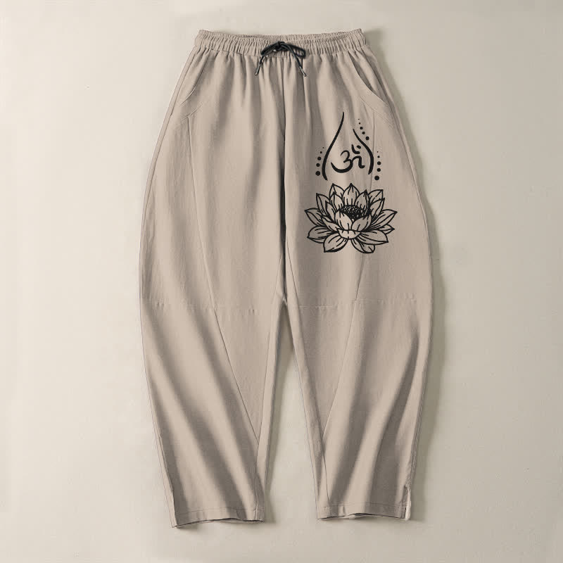 Buddha Stones Pantaloni da uomo affusolati con coulisse e tasche, in puro cotone, con motivo a loto sacro Om e stampa Om. - image 13