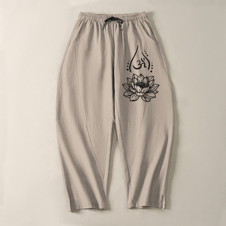 Buddha Stones Pantaloni da uomo affusolati con coulisse e tasche, in puro cotone, con motivo a loto sacro Om e stampa Om. - image 13
