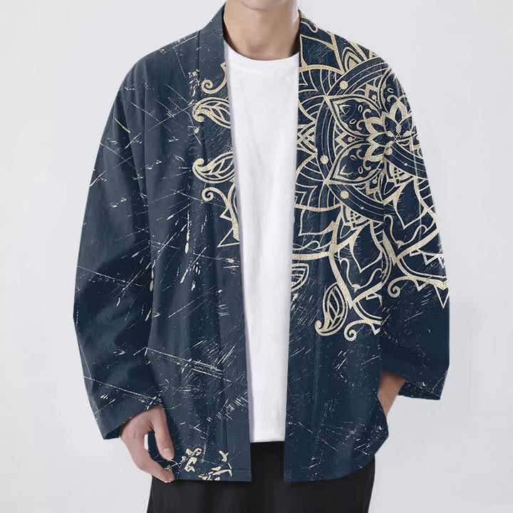 Buddha Stones Kimono da uomo in cotone effetto invecchiato con motivo mandala e apertura frontale. - Marina - US/UK/AU48, EU58 (4XL) - image 0