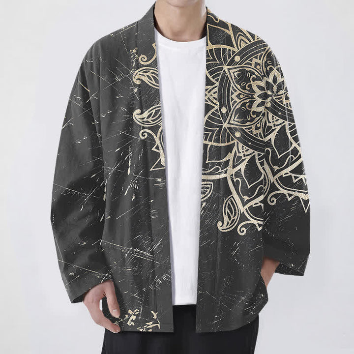 Buddha Stones Kimono da uomo in cotone effetto invecchiato con motivo mandala e apertura frontale. - Grigio - US/UK/AU48, EU58 (4XL) - image 9