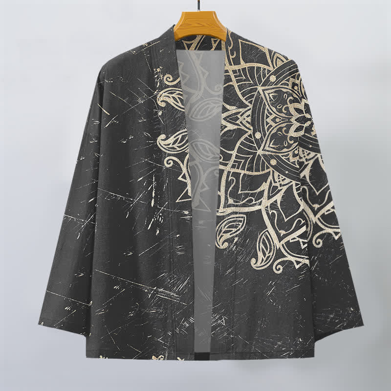 Buddha Stones Kimono da uomo in cotone effetto invecchiato con motivo mandala e apertura frontale. - image 10