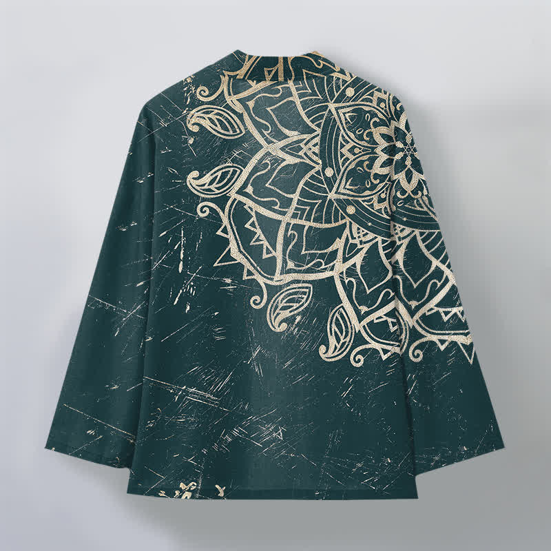 Buddha Stones Kimono da uomo in cotone effetto invecchiato con motivo mandala e apertura frontale. - image 8
