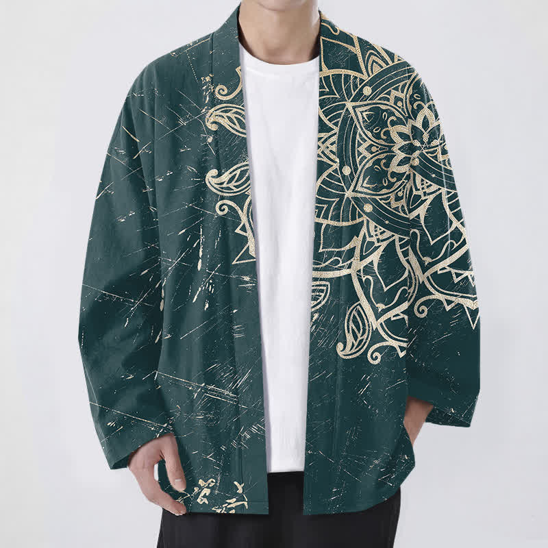 Buddha Stones Kimono da uomo in cotone effetto invecchiato con motivo mandala e apertura frontale. - Verde acqua - US/UK/AU48, EU58 (4XL) - image 6
