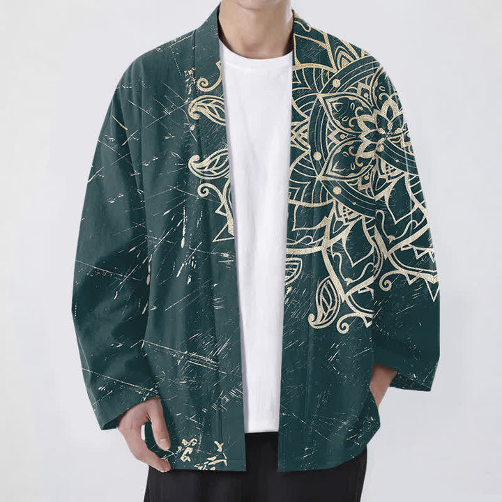Buddha Stones Kimono da uomo in cotone effetto invecchiato con motivo mandala e apertura frontale. - Verde acqua - US/UK/AU48, EU58 (4XL) - image 6