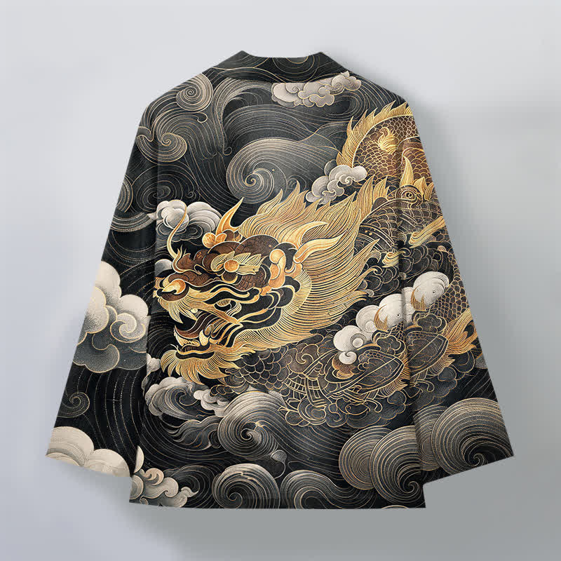 Buddha Stones Kimono da uomo in cotone con motivo drago dorato e nuvole, aperto sul davanti. - image 2