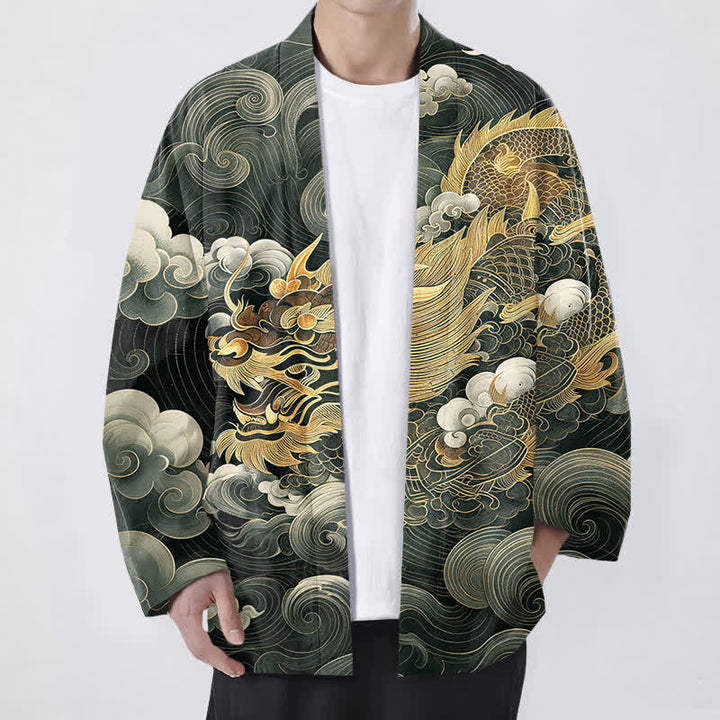 Buddha Stones Kimono da uomo in cotone con motivo drago dorato e nuvole, aperto sul davanti. - Verde scuro - US/UK/AU48, EU58 (4XL) - image 6