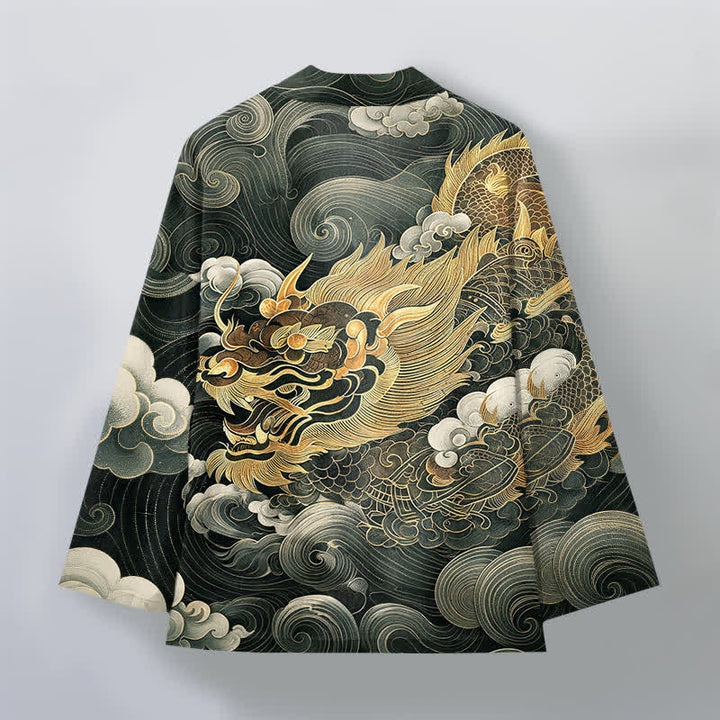 Buddha Stones Kimono da uomo in cotone con motivo drago dorato e nuvole, aperto sul davanti. - image 8