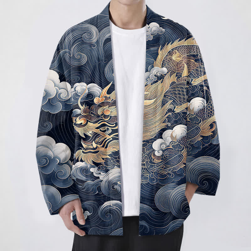 Buddha Stones Kimono da uomo in cotone con motivo drago dorato e nuvole, aperto sul davanti. - Marina - US/UK/AU48, EU58 (4XL) - image 9