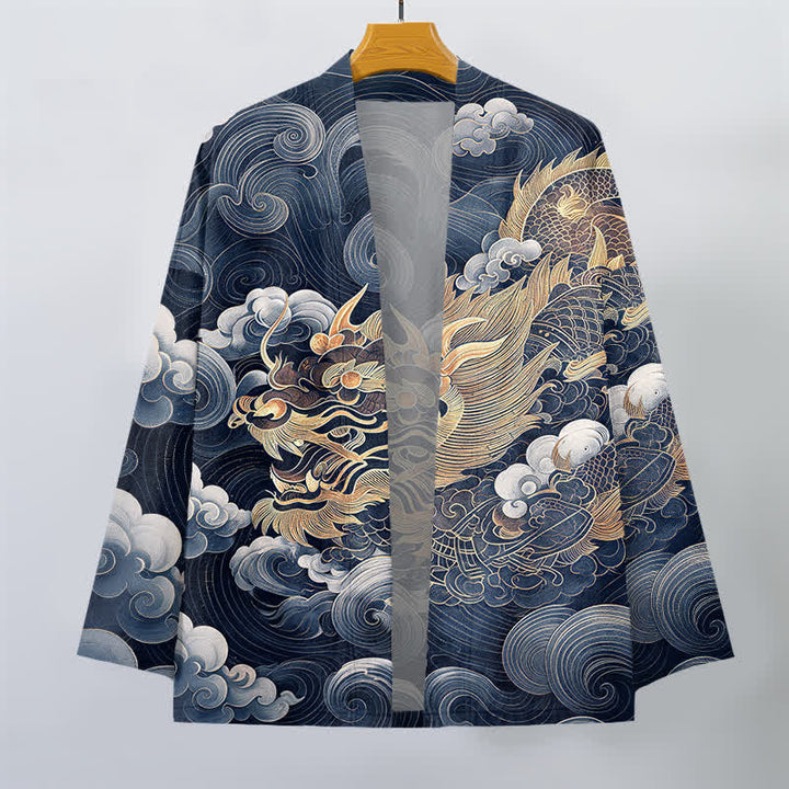 Buddha Stones Kimono da uomo in cotone con motivo drago dorato e nuvole, aperto sul davanti. - image 10